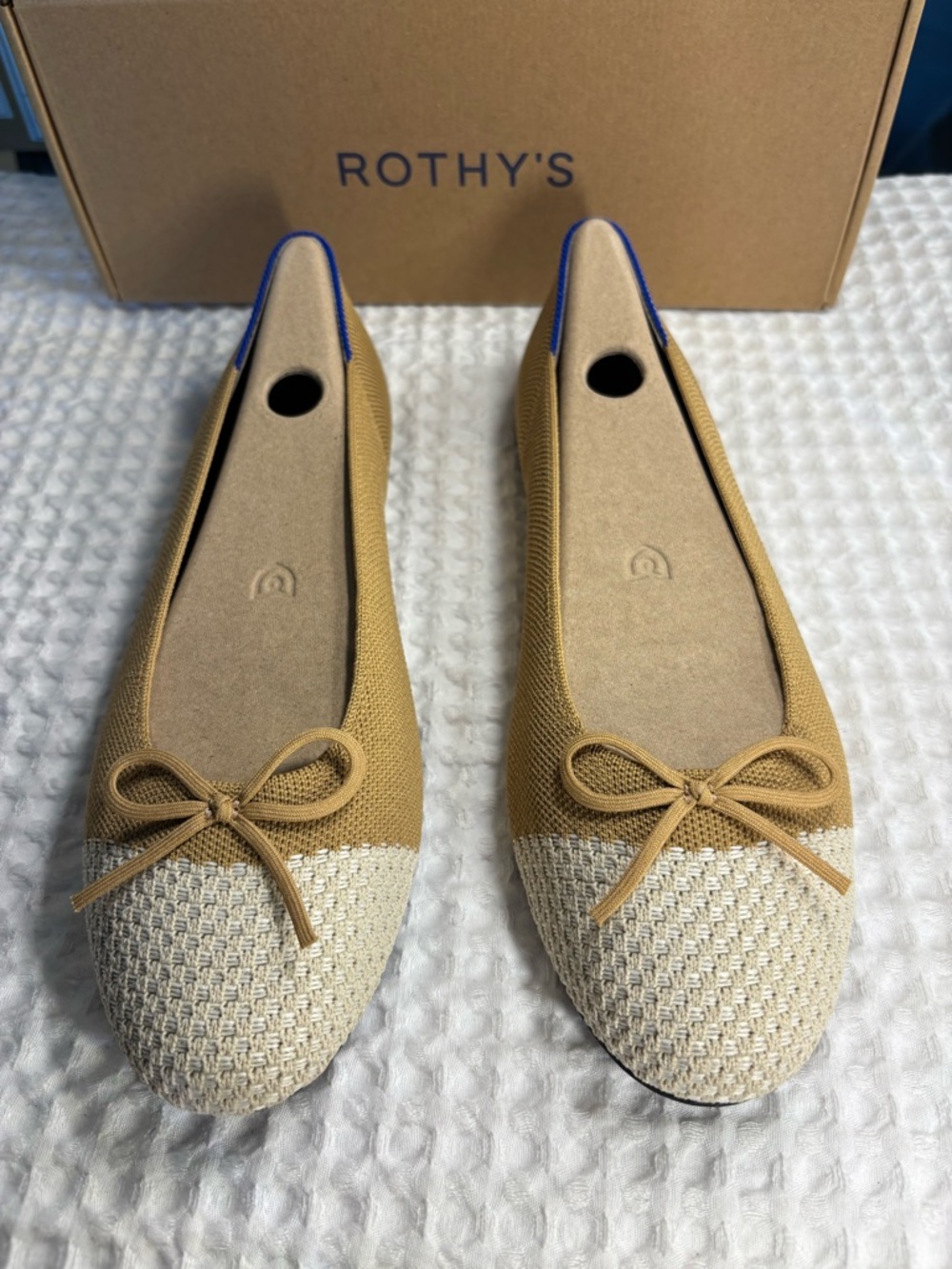 Rothy's Tan Knit Ballet Flats with Cream Woven Toe Pearl